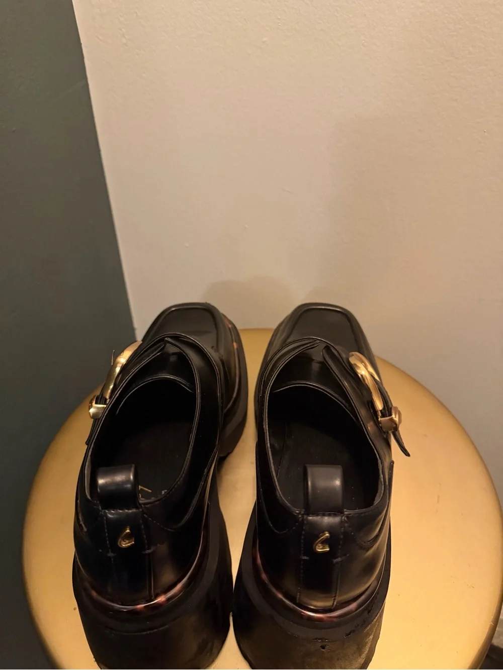 Black Chunky Loafer with Gold Buckle - Women's Shoes - Picture 5 of 6